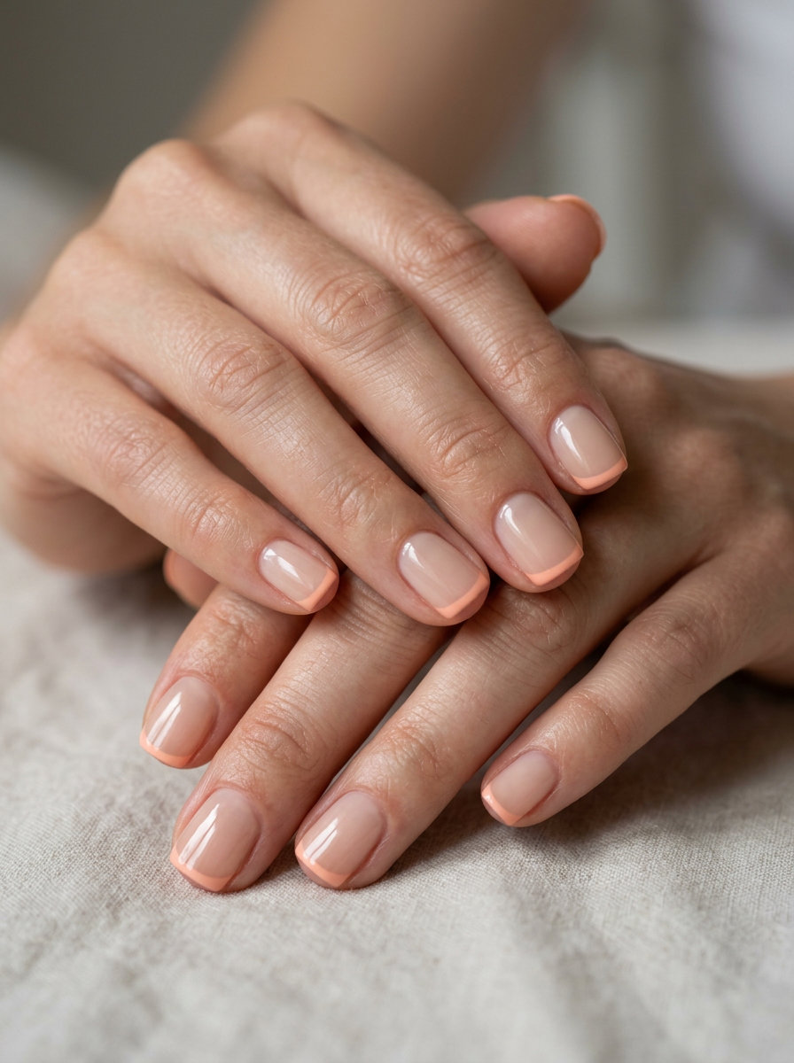 June nails ideas - summer 2026: Chic soft peach micro French short square gel nails for work and casual.