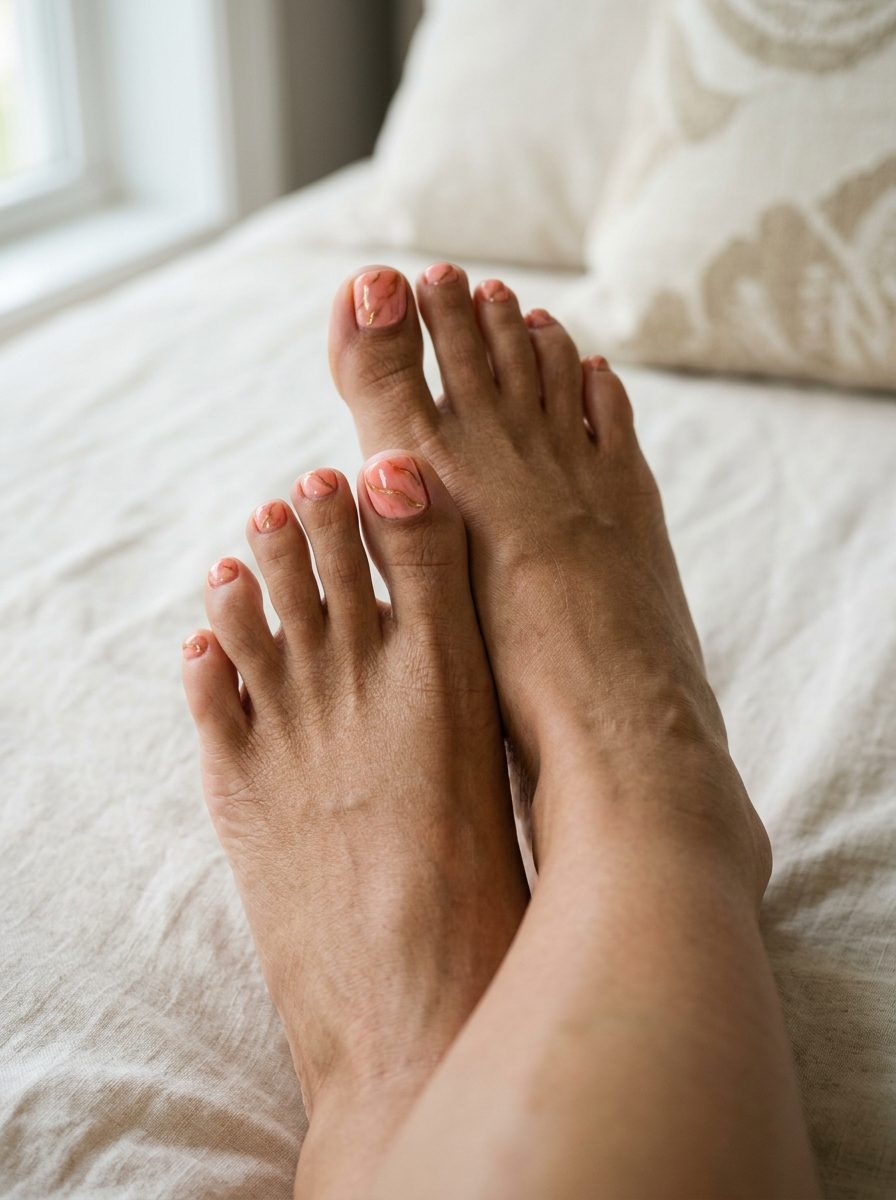 Coral marble pedicure with gold veins: sophisticated art for summer events. Summer trends 2026.