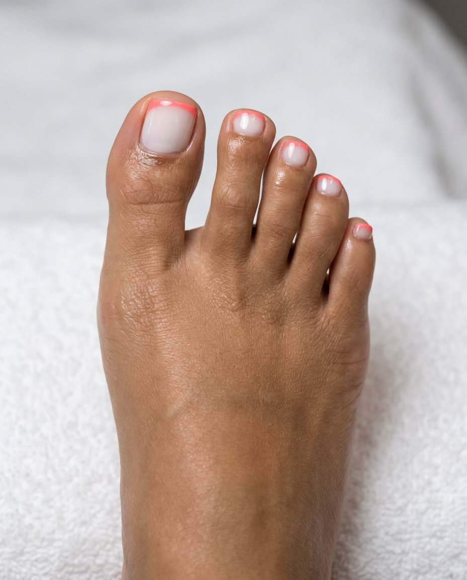 Coral pink micro French pedicure: chic nude base with vibrant tips for summer outings. Summer trends 2026.