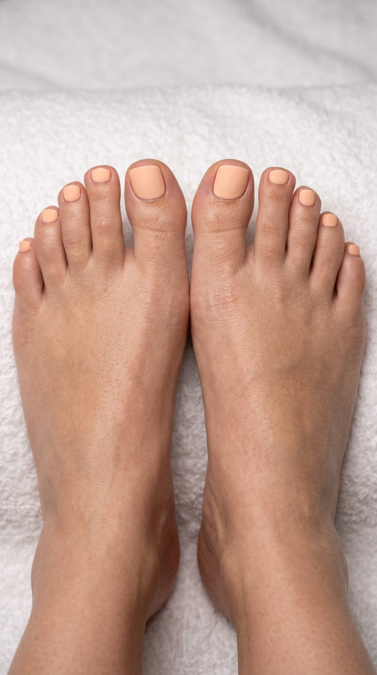 Peach fuzz matte pedicure: soft, romantic color for daily wear & casual weekends. Summer trends 2026.