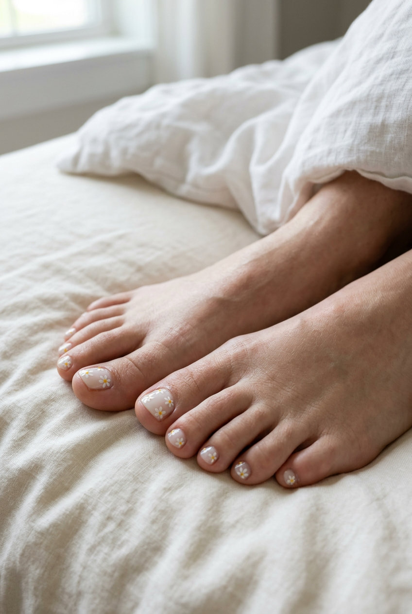 Sheer milky white toenails with delicate white daisy decals, perfect for June toe nails ideas - best for summer 2026.