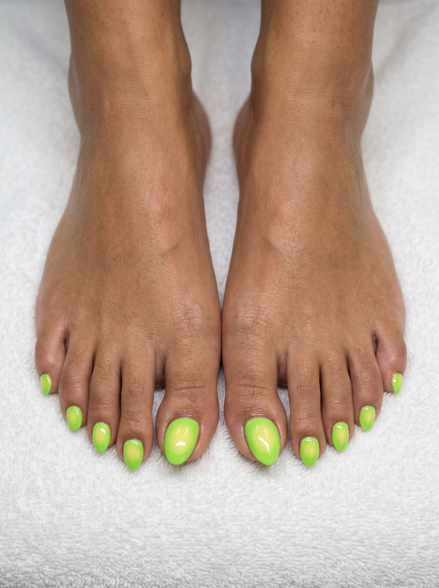 Electric Lime Zest Aura toenails for summer 2026. Bold and energetic for festivals and summer parties.