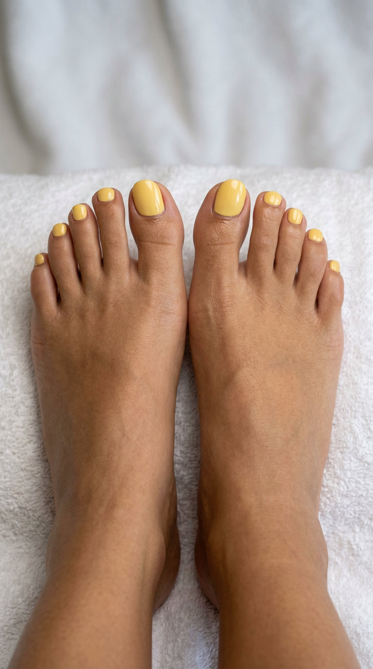 Golden Butter Shine June toe nails ideas for summer 2026: opaque butter yellow, glossy finish, long almond nails for parties.