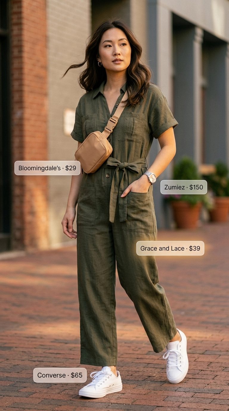Weekend Linen Utility Jumpsuit 2026 Khaki green linen utility jumpsuit with white sneakers and canvas belt bag for weekend errands.