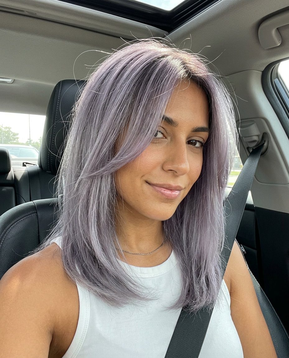 Lavender Haze Air Touch Balayage 2026 medium layered lavender balayage with pastel violet & grey-purple, air touch technique — playful dreamy style