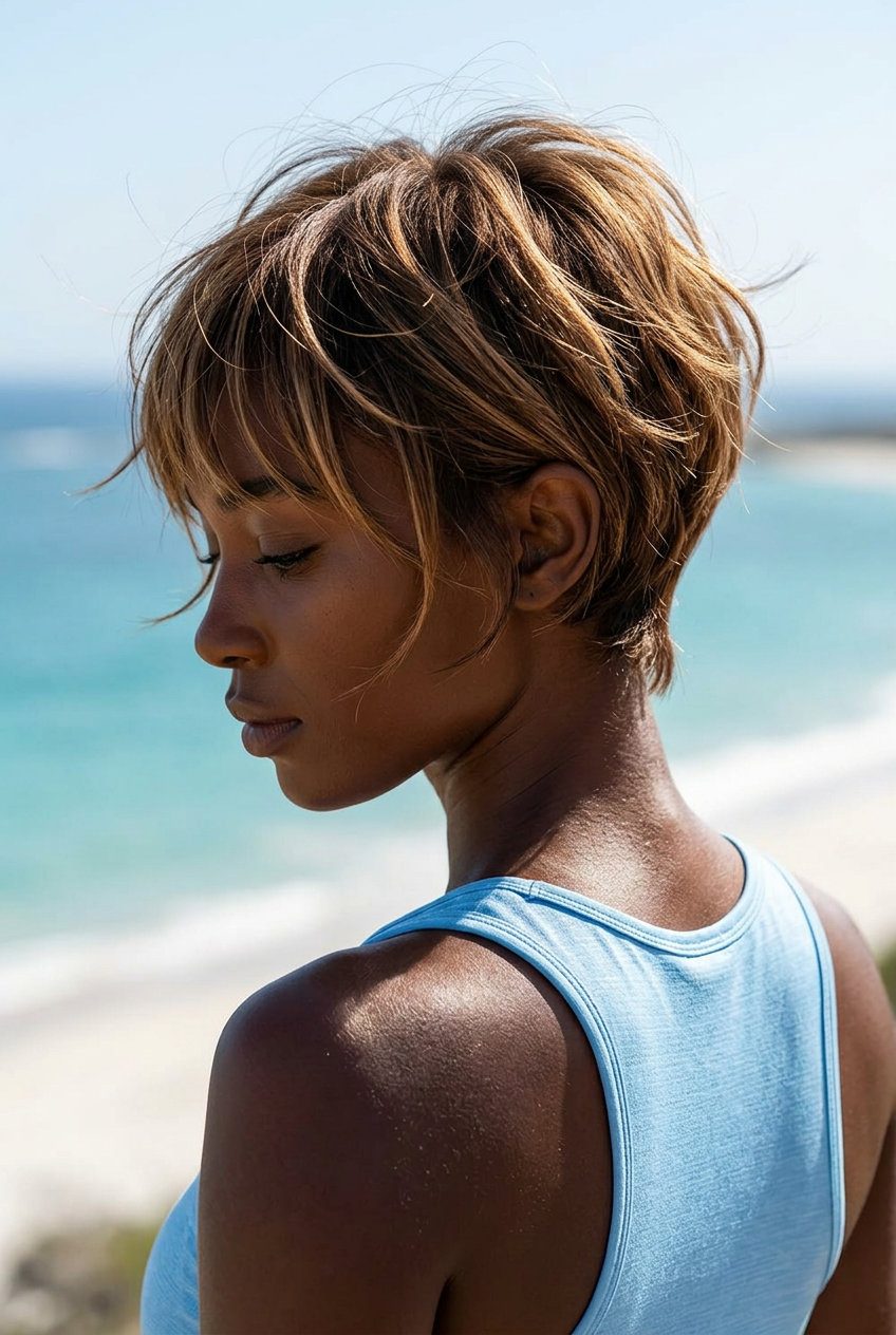 short light brown pixie haircut with honey babylights, textured layers, wispy bangs — youthful, effortless