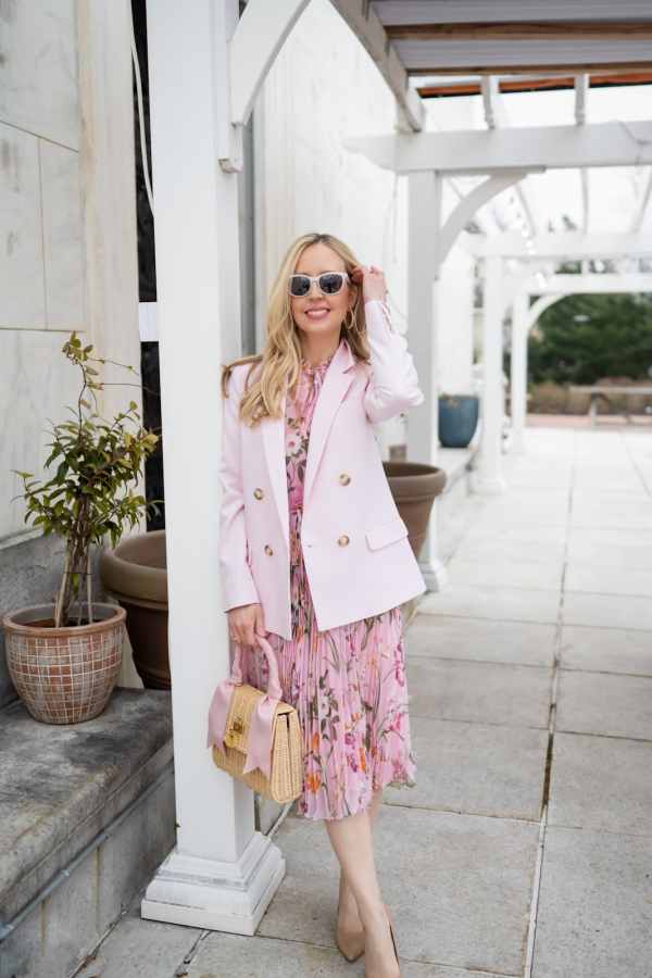 Pink Floral Print Midi Dress with Light Pink Blazer — Light Pink Dress Ideas