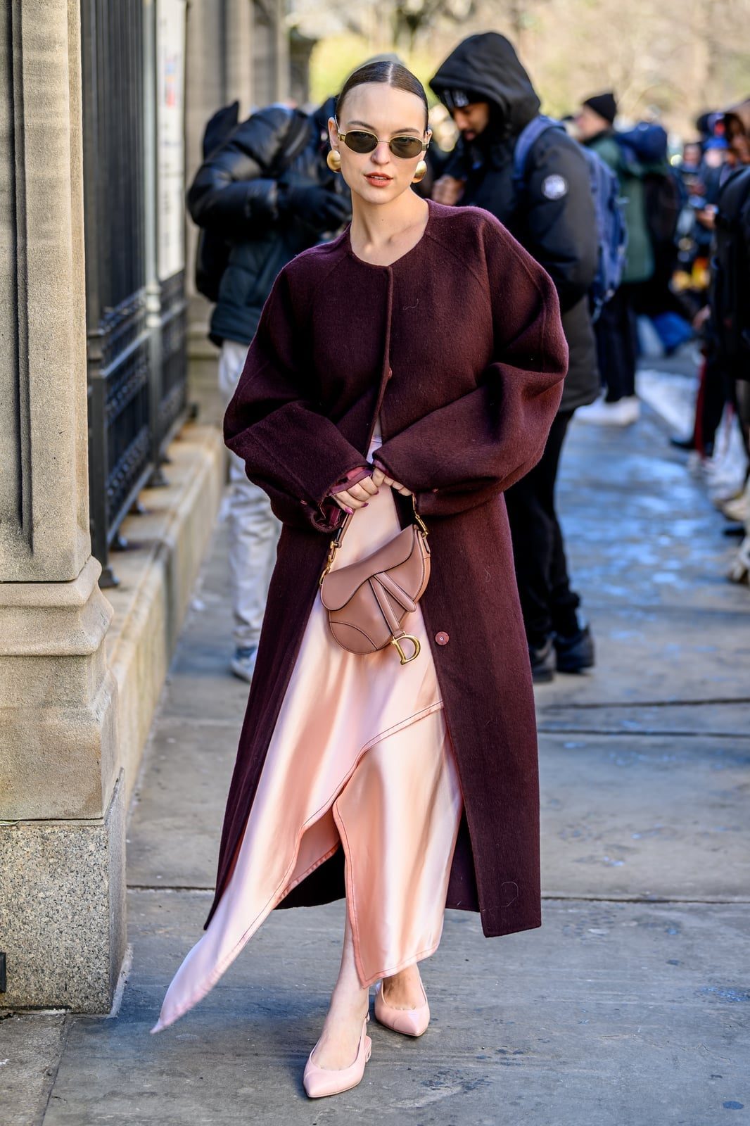 Light Pink Satin Slip Dress Under Burgundy Wool Coat — Light Pink Dress Ideas