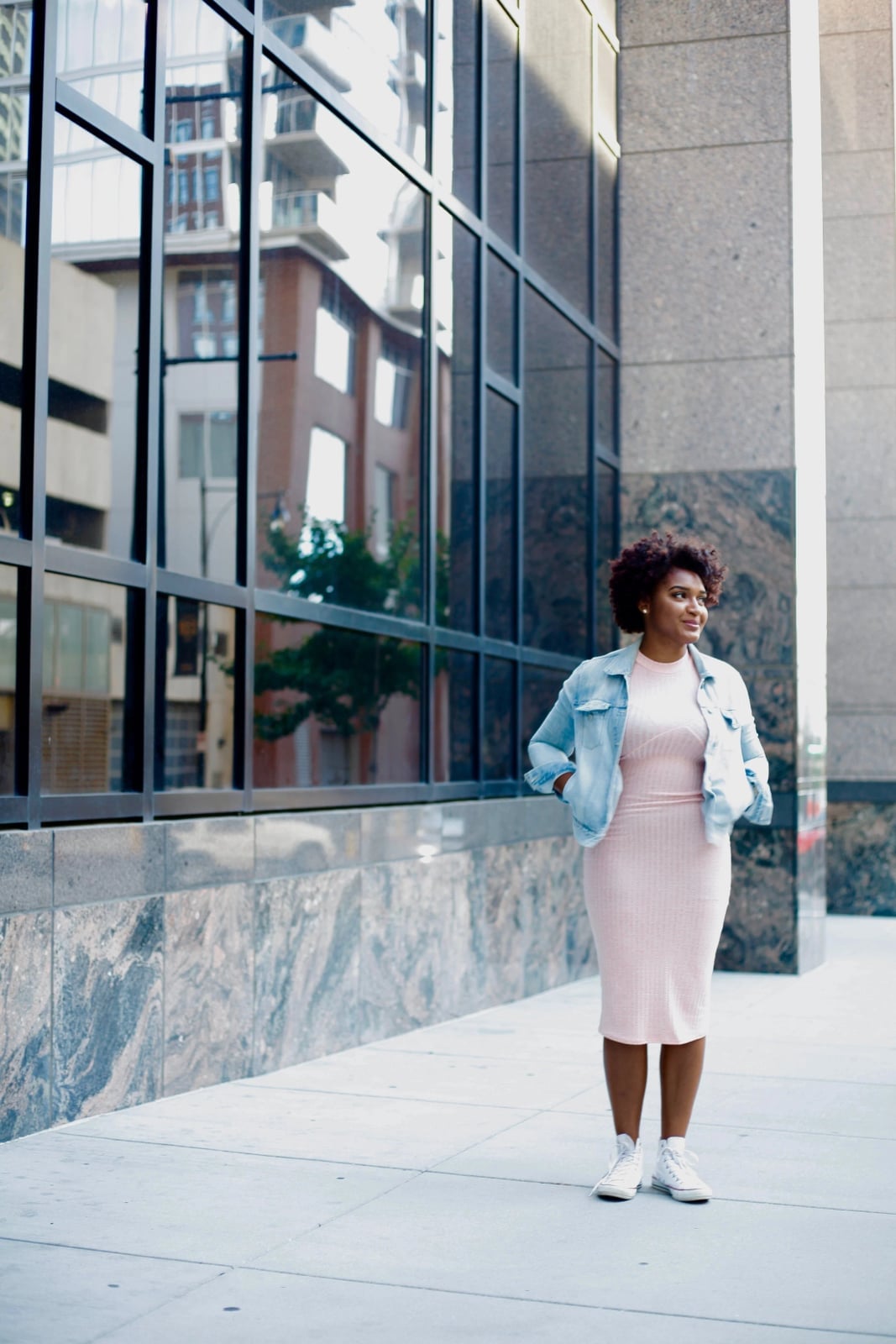 Ribbed Knit Bodycon Midi Dress with Denim Jacket — Light Pink Dress Ideas