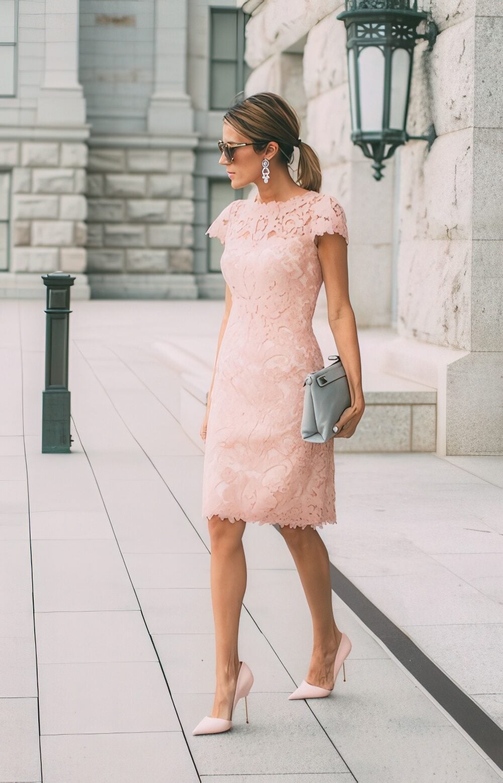 Pale Pink Lace Sheath Dress with Pointed Toe Heels — Light Pink Dress Ideas