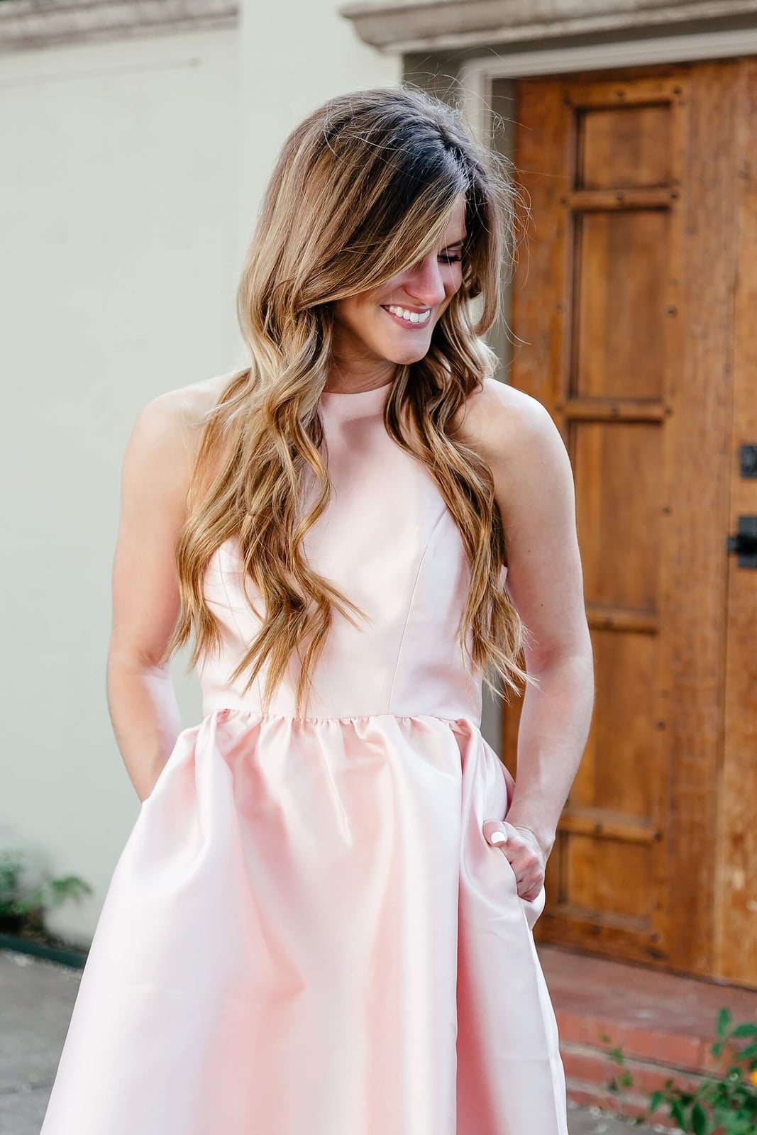 Light Pink Satin A-line Dress with High Neckline and Pockets — Light Pink Dress Ideas