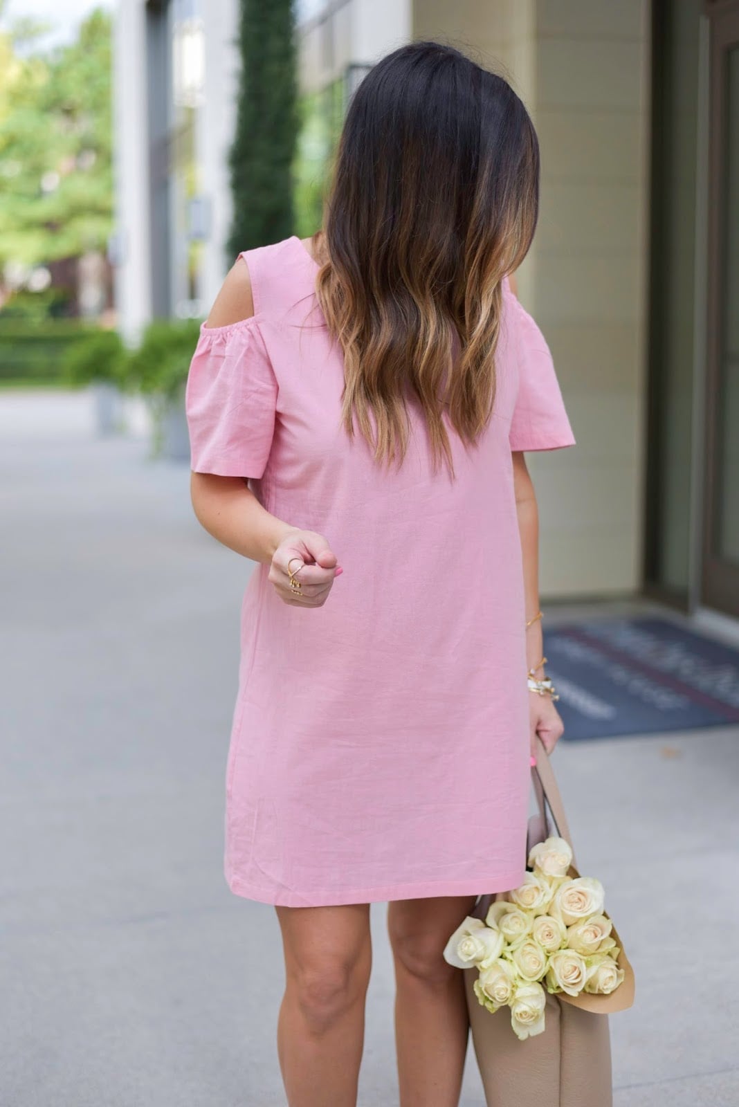 Light Pink Cotton Shift Dress with Cold Shoulder Cut-Outs — Light Pink Dress Ideas