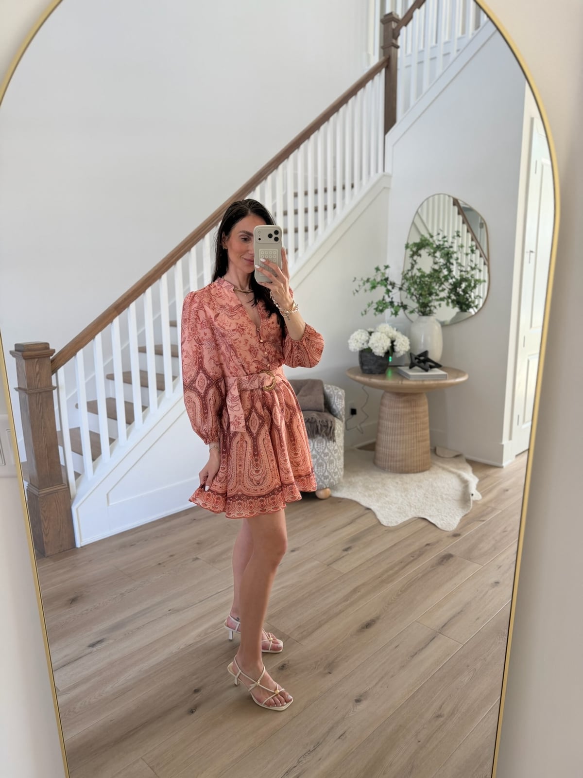 Pink Paisley Print Fit and Flare Mini Dress with Belt, Close-Up Take — Light Pink Dress Ideas