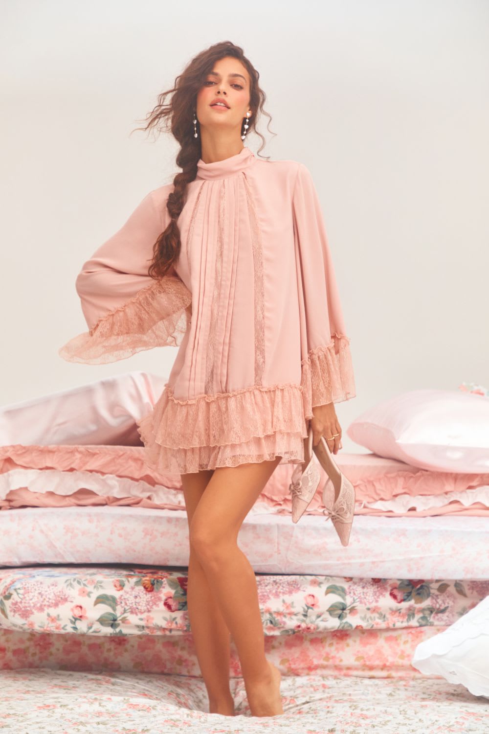Blush Pink Chiffon Mini Dress with Tiered Ruffle Sleeves — Light Pink Dress Ideas