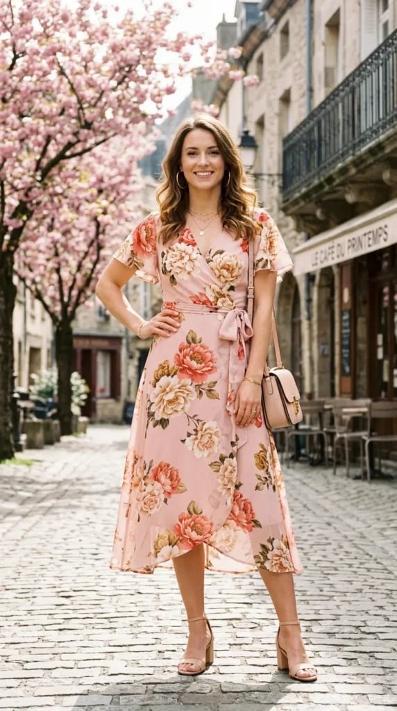 Floral Print Pink Wrap Dress with Block Heel Sandals — Light Pink Dress Ideas