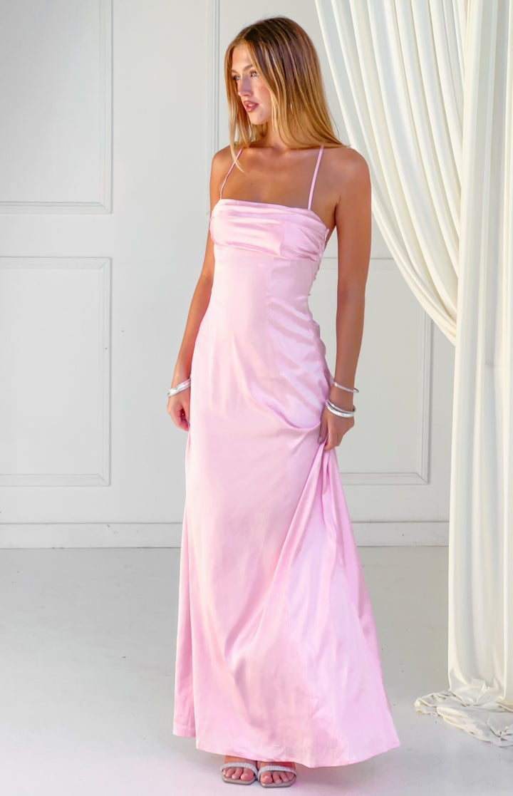 Light Pink Satin Spaghetti Strap Maxi Dress — Light Pink Dress Ideas
