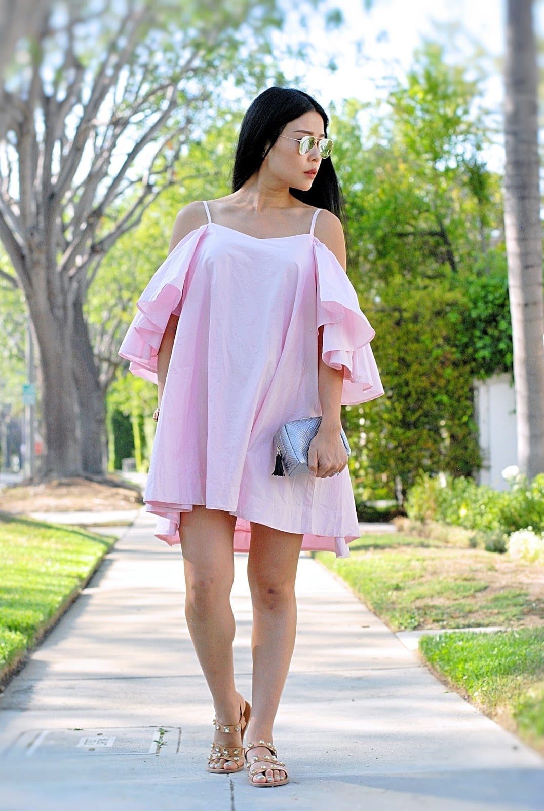 Light Pink Mini Dress with Ruffled Cold Shoulder Sleeves — Light Pink Dress Ideas