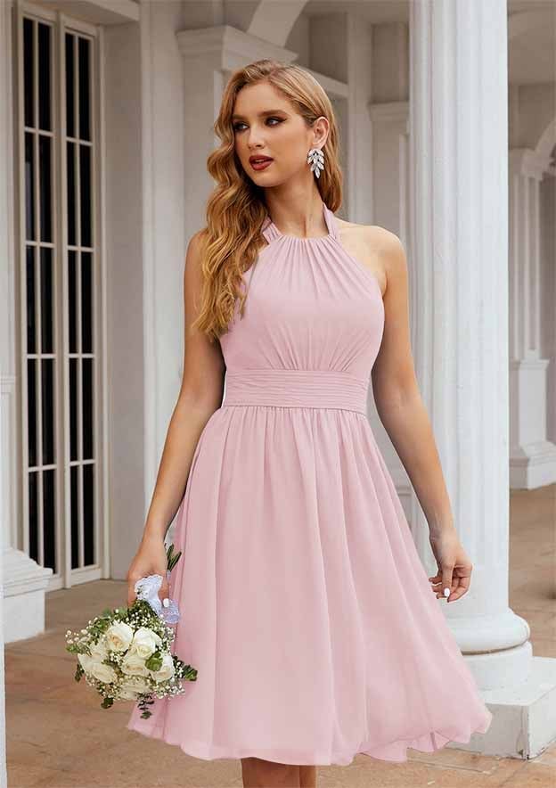 Pink Chiffon Halter Neck Dress Knee Length — Light Pink Dress Ideas
