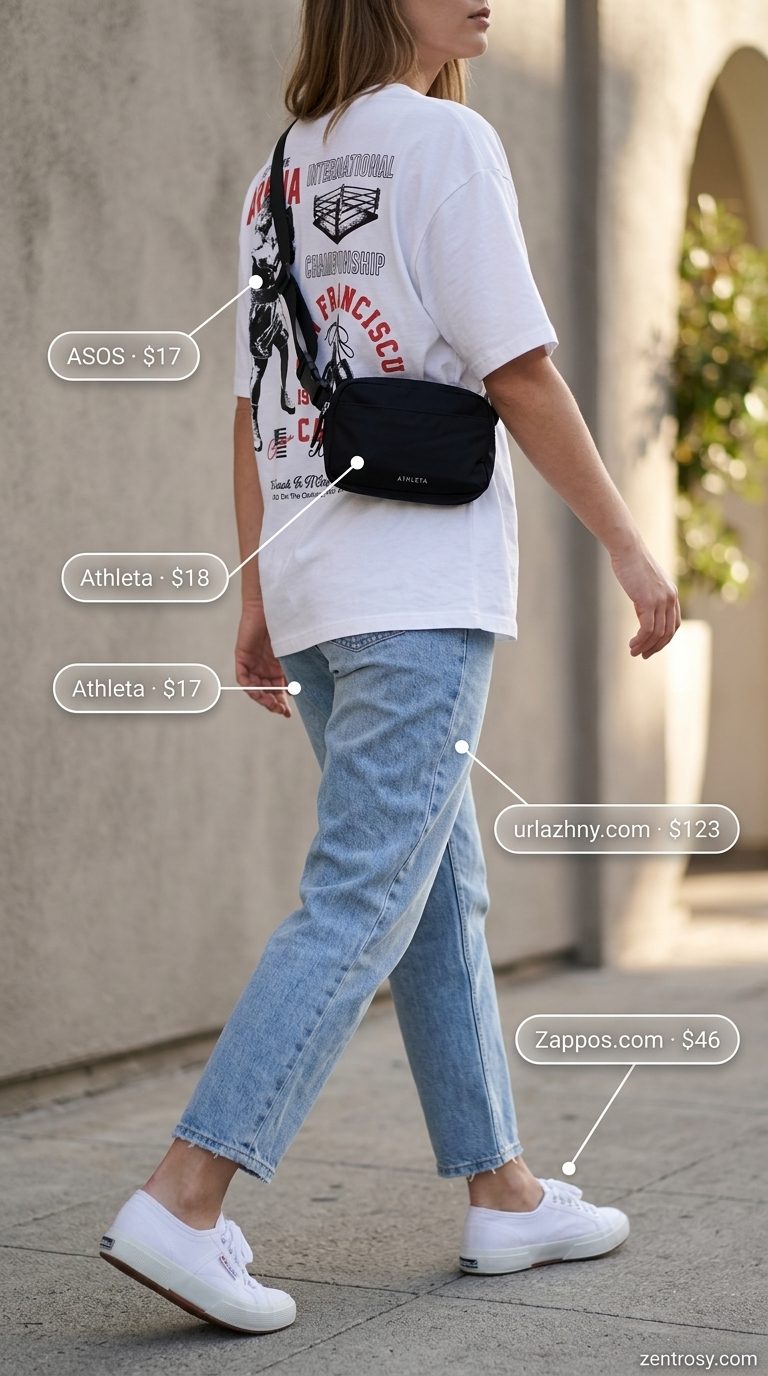 Light wash jean outfits summer for women 2026: Jeans, graphic tee, plaid shirt, belt bag for California casual.