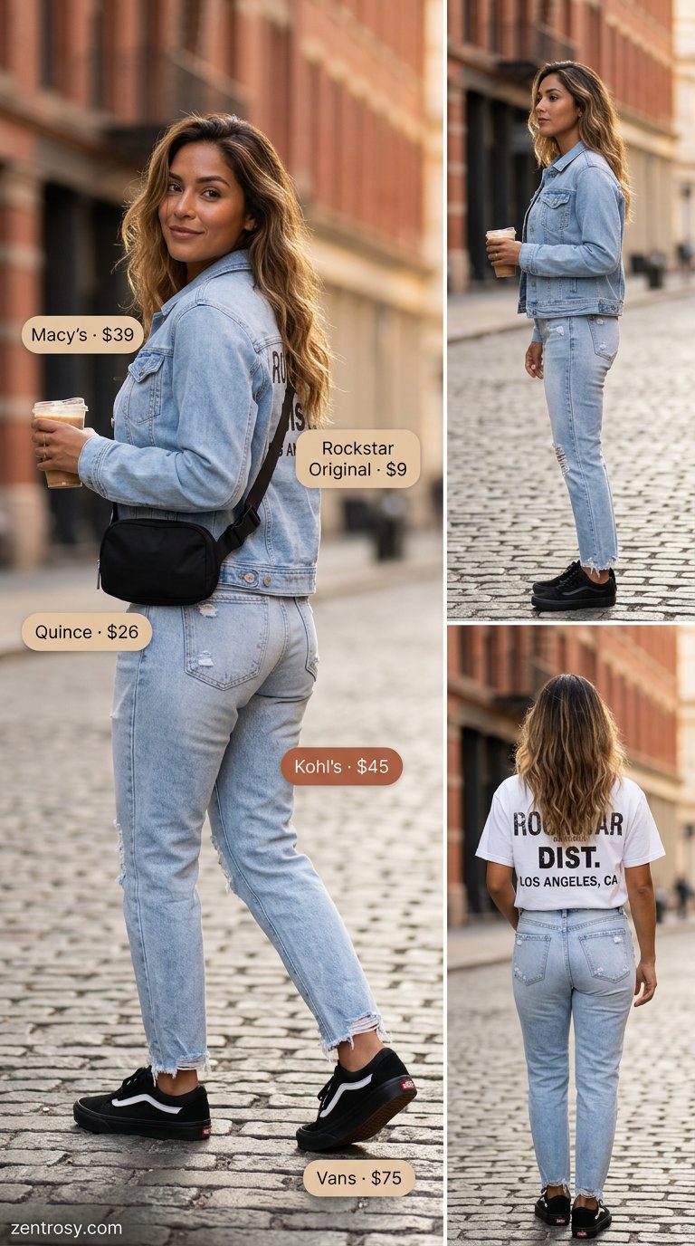 Light wash jean outfits summer for women 2026: Distressed boyfriend jeans, graphic tee, denim jacket, belt bag for casual cool.