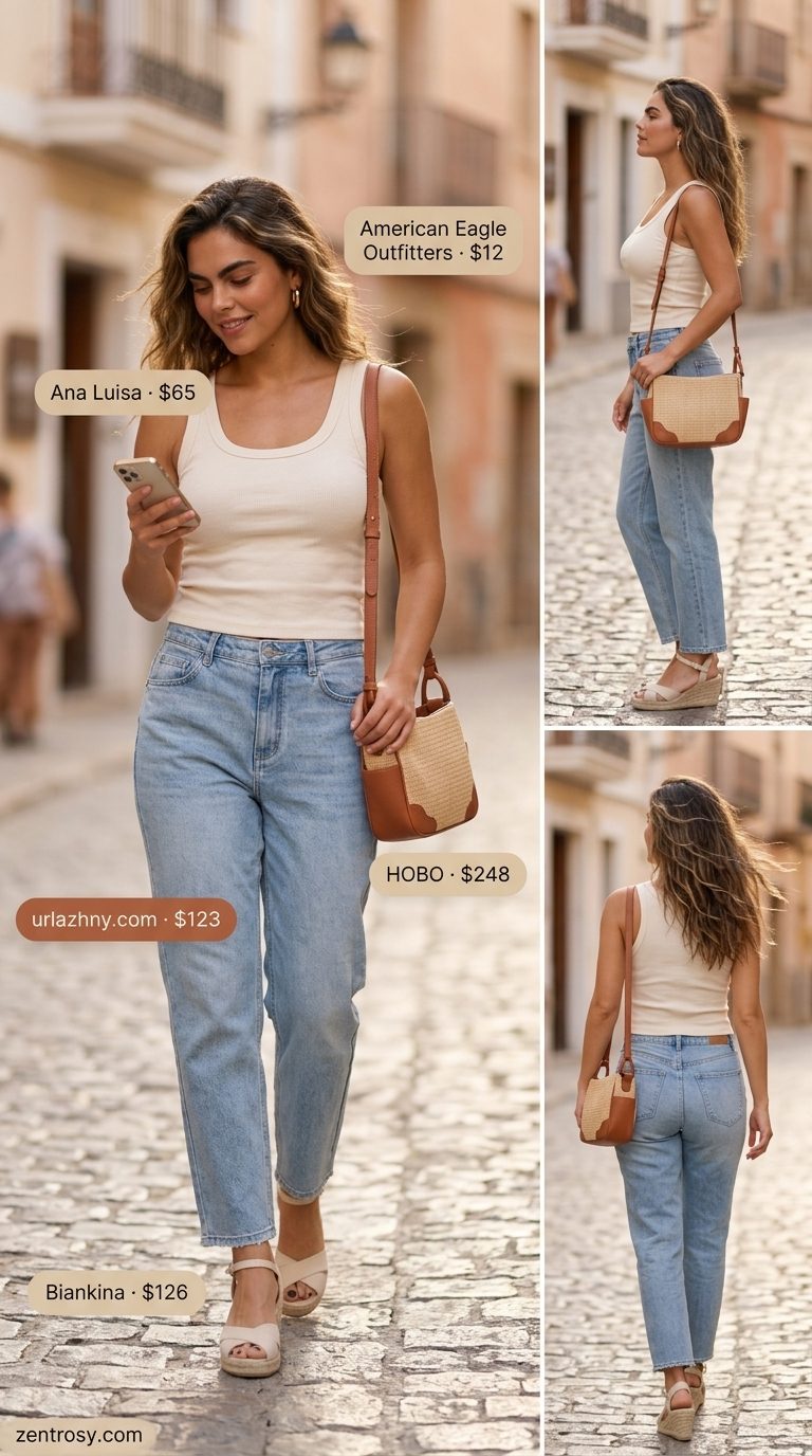 Light wash jean outfits summer for women 2026: Linen jeans, ribbed tank, espadrilles, straw bag for chic comfort.