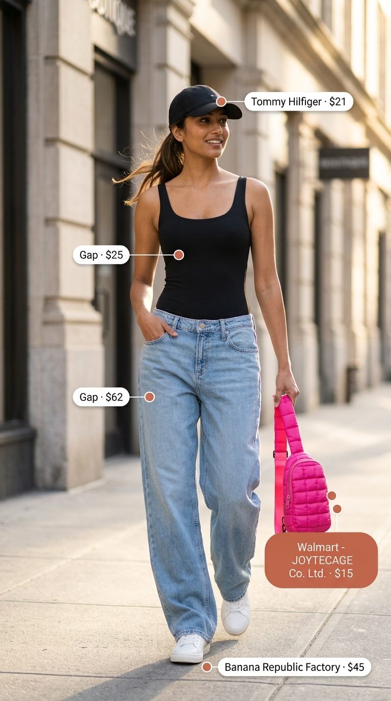 Light wash jean outfits summer for women 2026: Boyfriend jeans, bodysuit, crossbody bag, sneakers for city exploration.