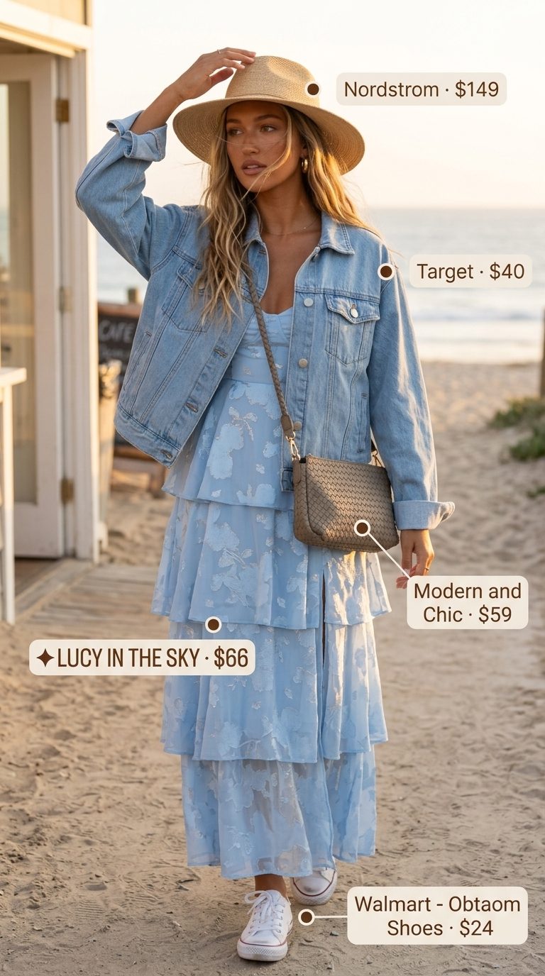 Light wash jean outfits summer for women 2026: Maxi dress, oversized denim jacket, straw hat for coastal vibes.