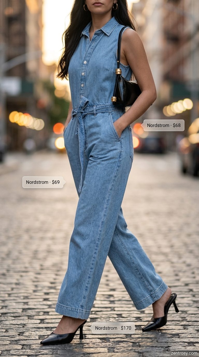 Light wash jean outfits summer for women 2026: Denim jumpsuit, heeled mules, shoulder bag for elevated evening ease.