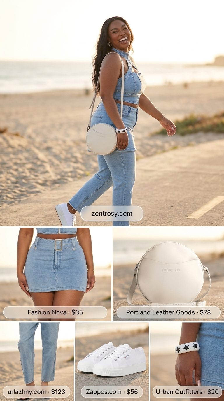 Light wash jean outfits summer for women 2026: Denim bralette set with midi skirt, platform sneakers for a trendy look.