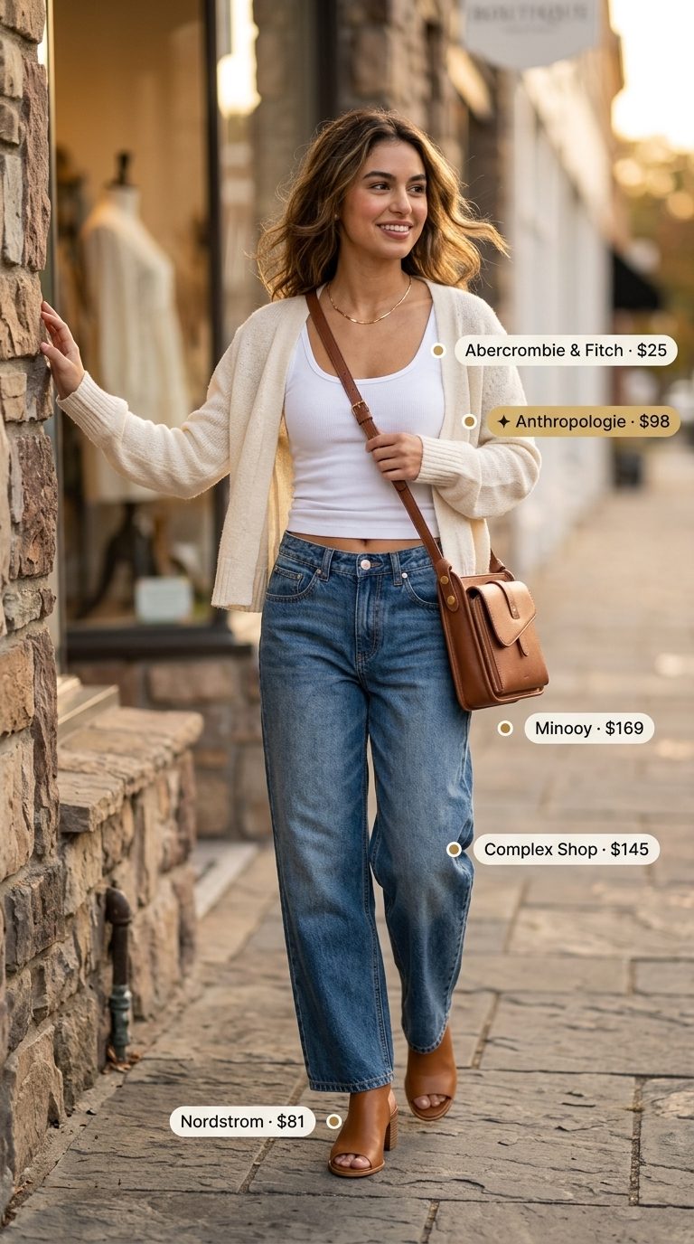 Light wash jean outfits summer for women 2026: Jeans, ribbed tank, open-knit cardigan, block heel mules for evening breeze.