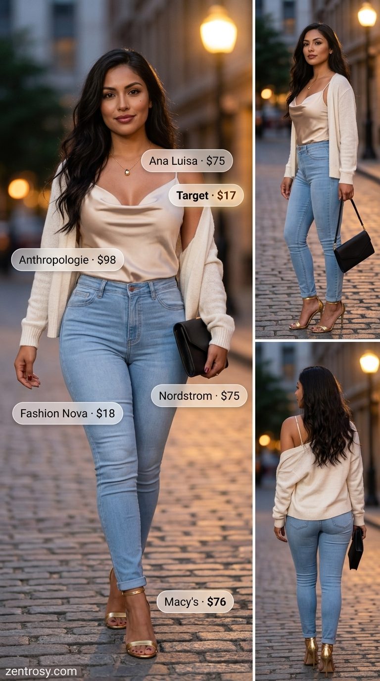 Light wash jean outfits summer for women 2026: Skinny jeans, satin cami, knit cardigan, heeled sandals for evening drinks.