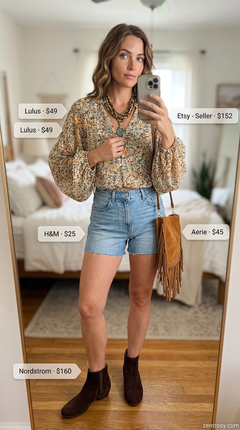 Boho light wash jean outfits summer for women 2026: denim shorts, floral peasant blouse, suede boots, and fringe bag for festivals.