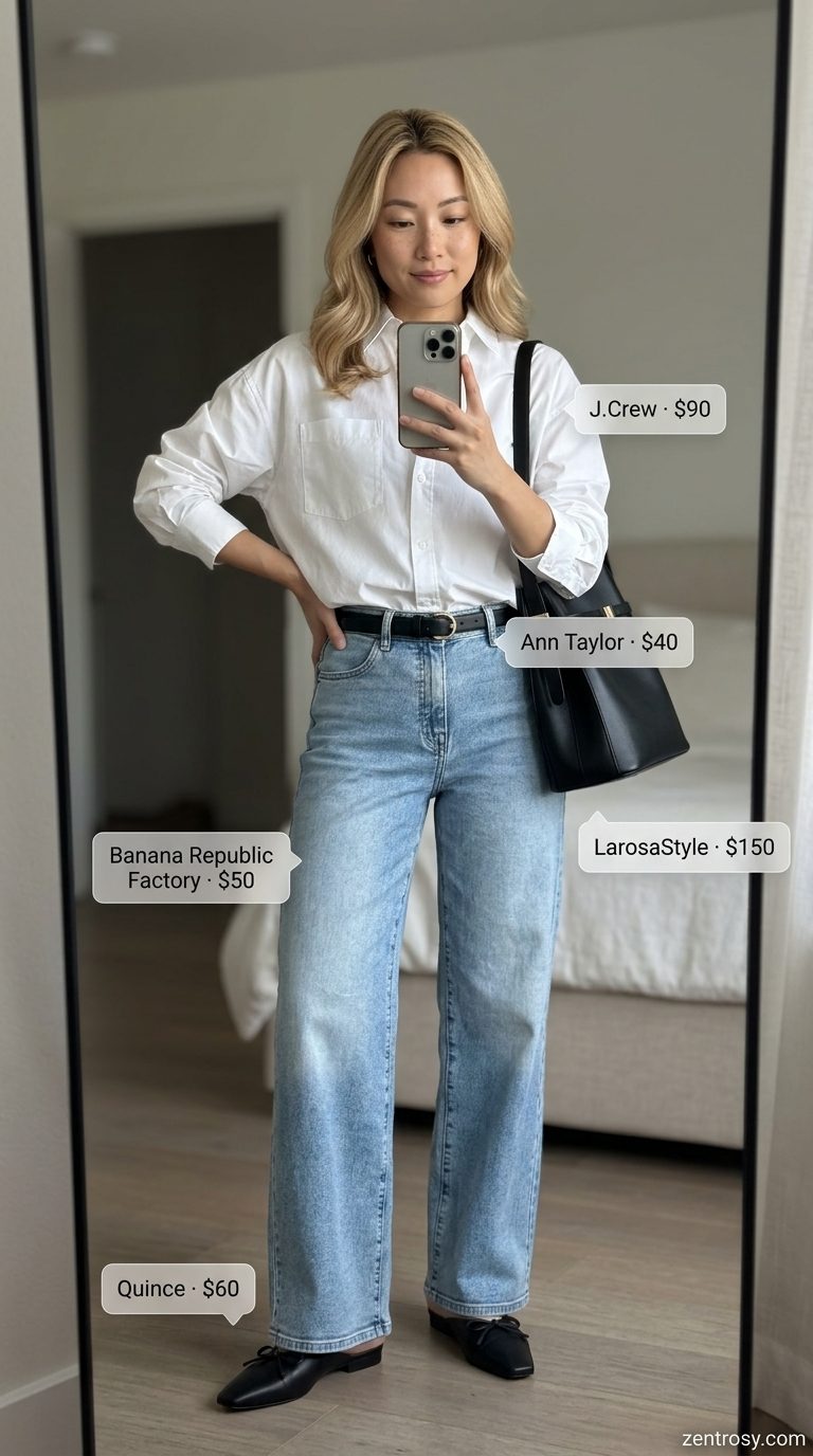 Polished light wash jean outfits summer for women 2026: wide-leg jeans, oversized white shirt, black mules, belt, and tote bag.