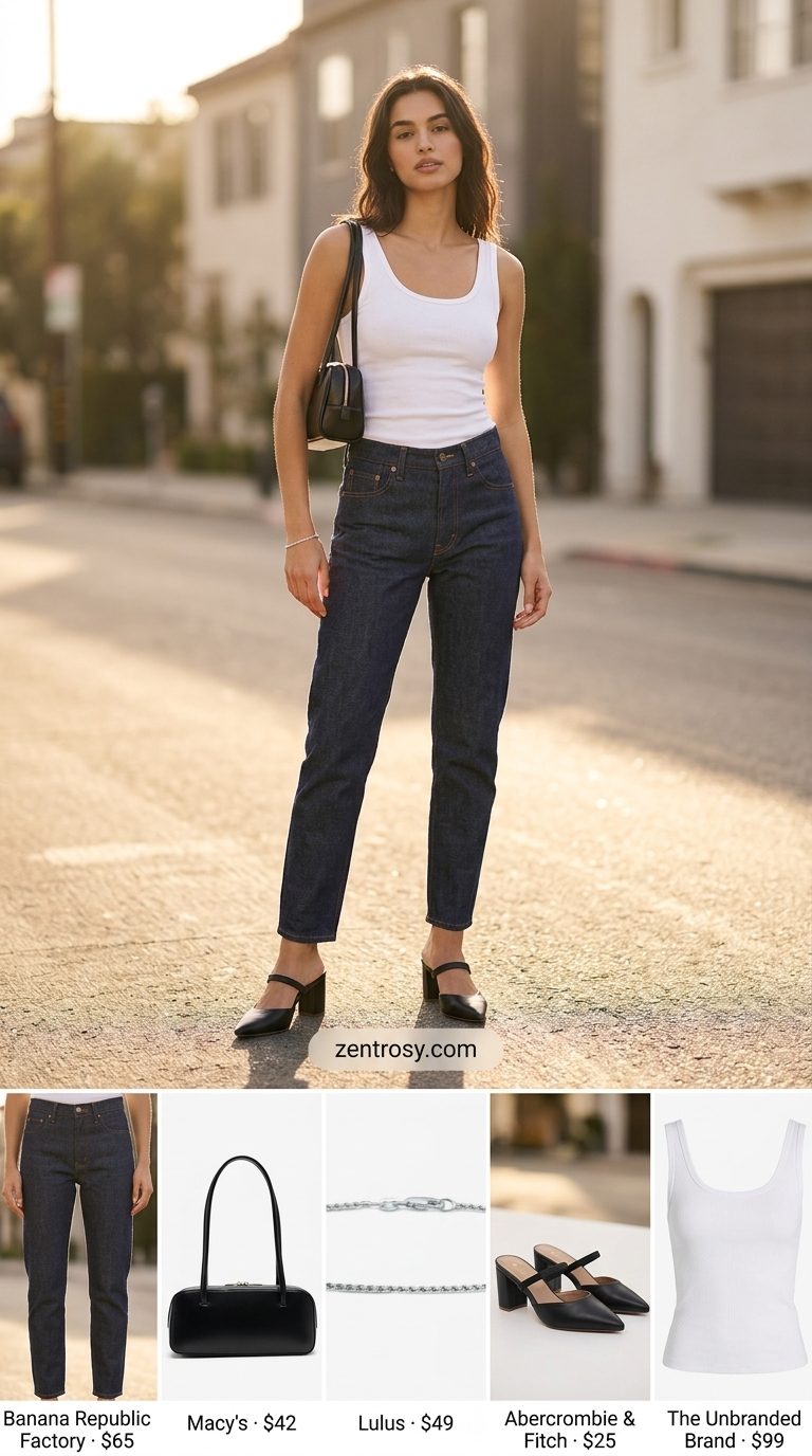 Chic light wash jean outfits summer for women 2026: maxi skirt, ribbed tank, heeled mules, shoulder bag, and chain bracelet.