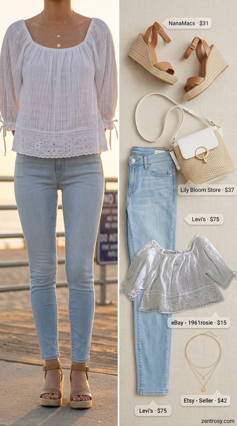 Chic light wash jean outfits summer for women 2026: skinny jeans, off-the-shoulder top, espadrilles, straw bag, and gold necklaces.