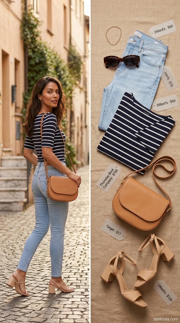 Classic light wash jean outfits summer for women 2026: skinny jeans, striped top, block heels, tan crossbody, and sunglasses.