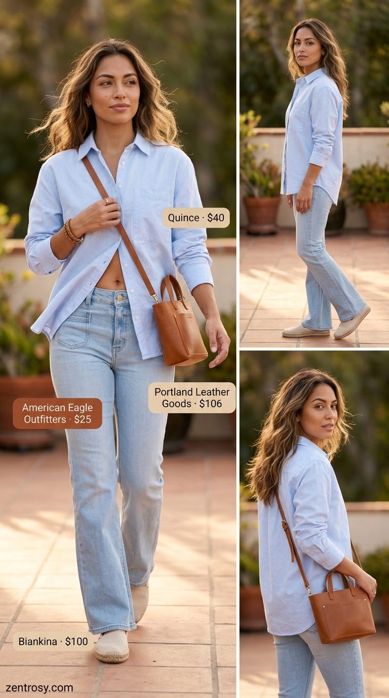 Relaxed light wash jean outfits summer for women 2026: flare jeans, pale blue button-down, espadrilles, and leather crossbody.