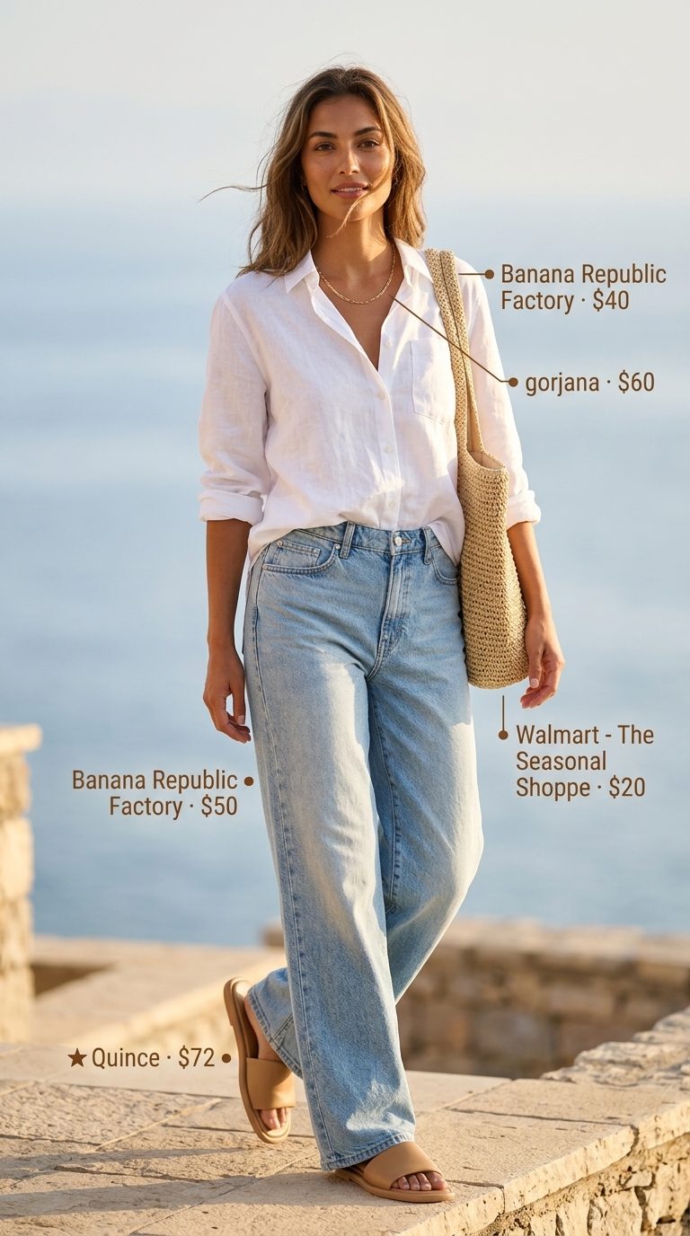 Chic light wash jean outfits summer for women 2026: wide-leg jeans, linen shirt, slides, straw tote, and gold necklace.