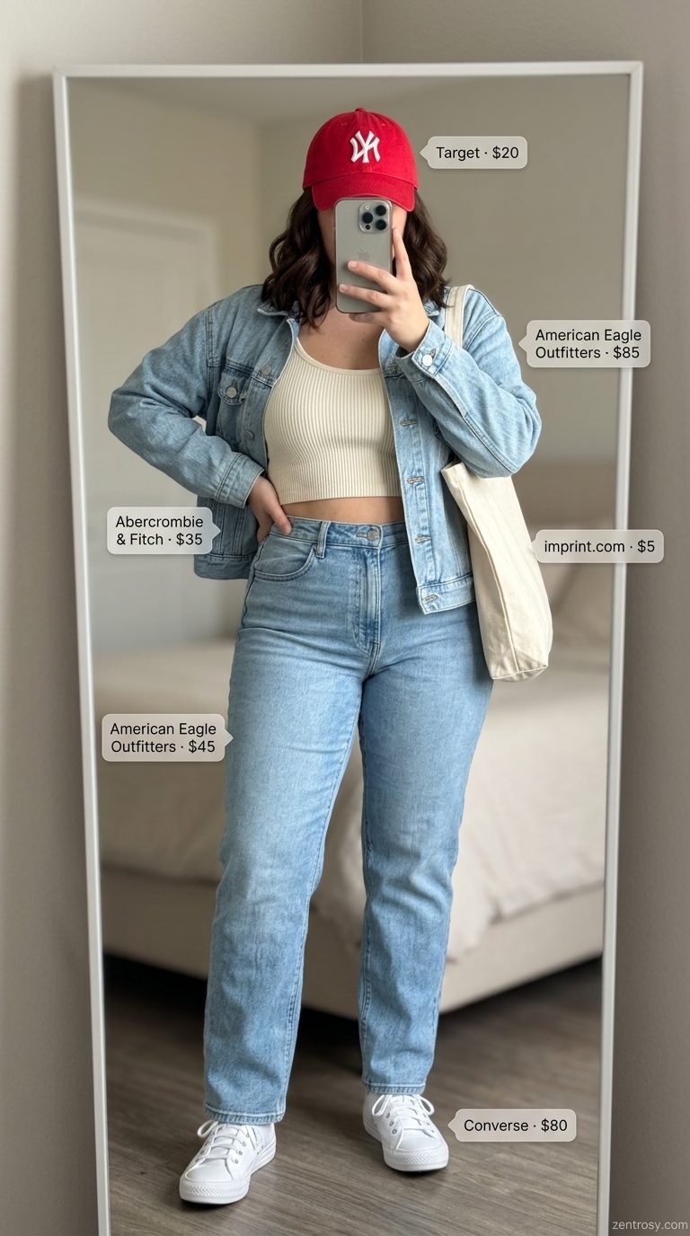 Casual light wash jean outfits summer for women 2026: straight-leg jeans, graphic tee, denim jacket, white sneakers, and red cap.