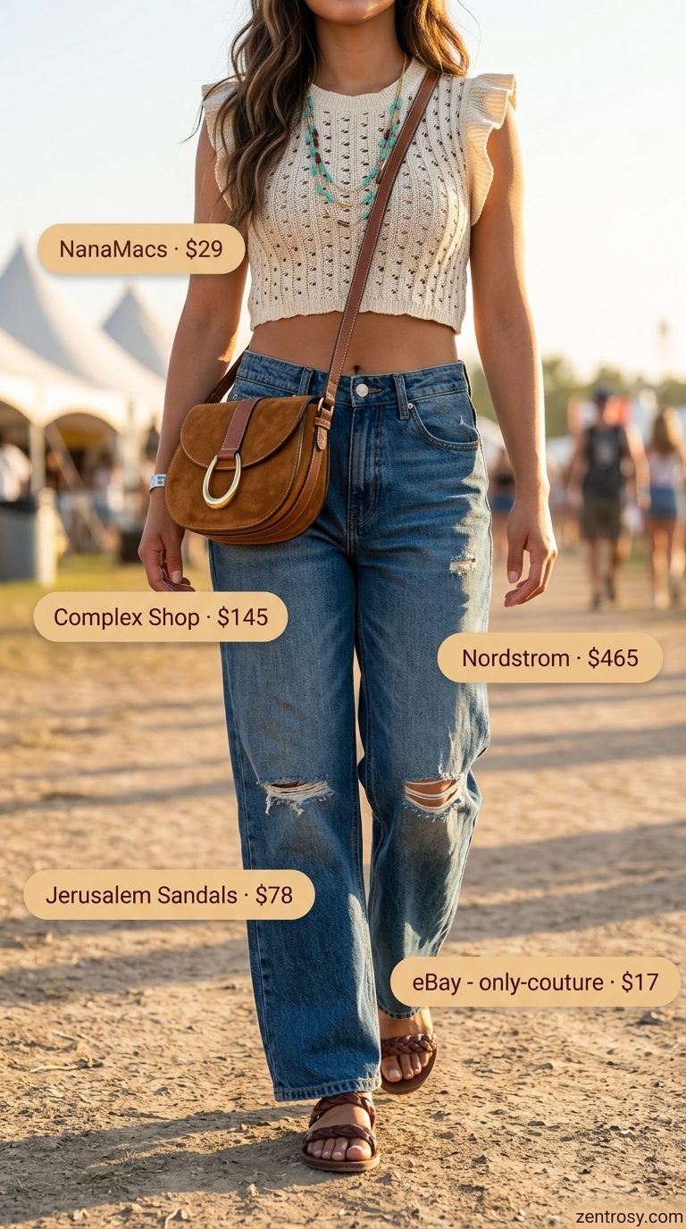 Light wash jean outfits summer for women 2026: Cream crochet top, light wash jeans, brown leather sandals, layered necklaces.