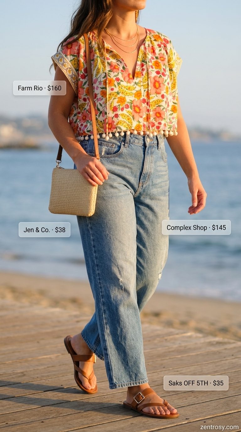 Light wash jean outfits summer for women 2026: White floral blouse, light wash denim shorts, tan sandals, straw crossbody bag.
