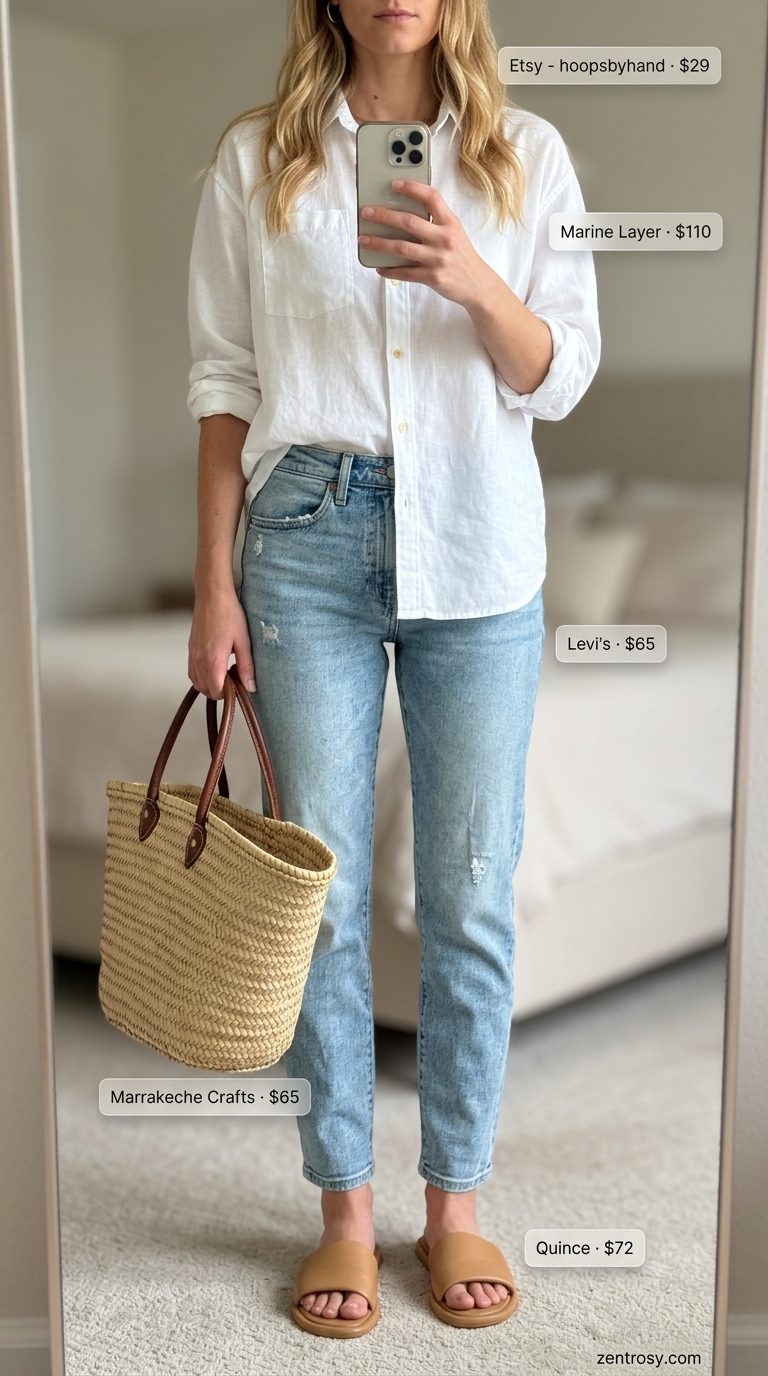 Light wash jean outfits summer for women 2026: White linen shirt, light wash boyfriend jeans, tan sandals, straw tote.