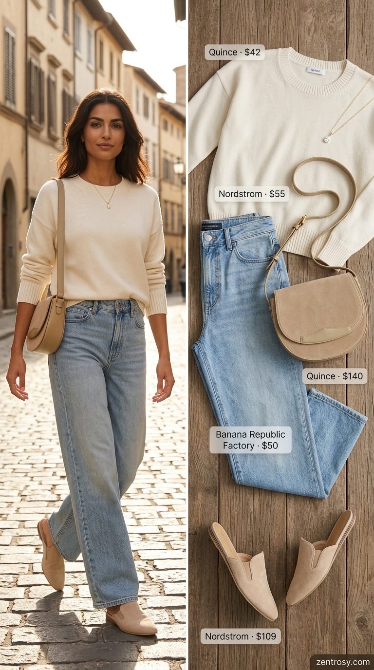 Light wash jean outfits summer for women 2026: Cream knit sweater, light wash wide-leg jeans, beige suede mules, crossbody bag.