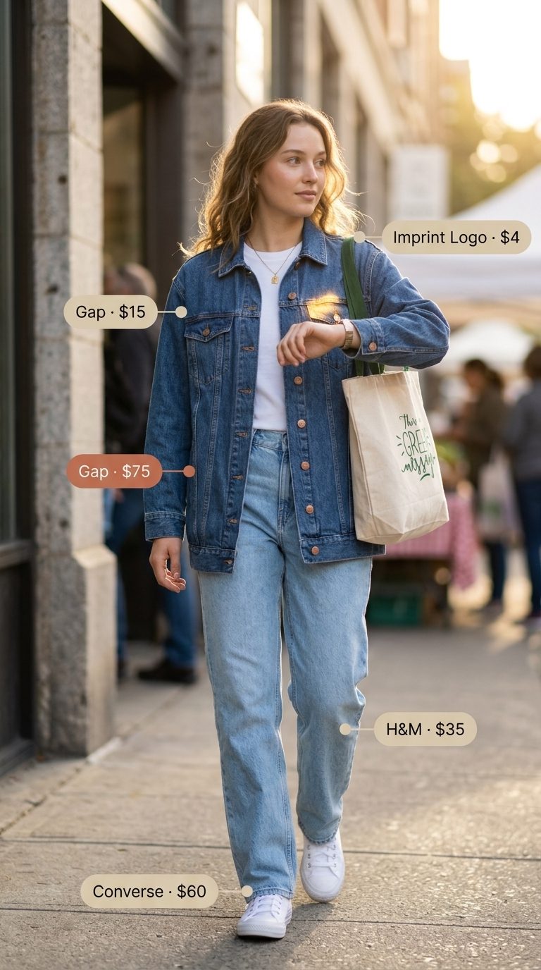 Light wash jean outfits summer for women 2026: White tee, light wash jeans, oversized medium wash denim jacket, canvas tote.