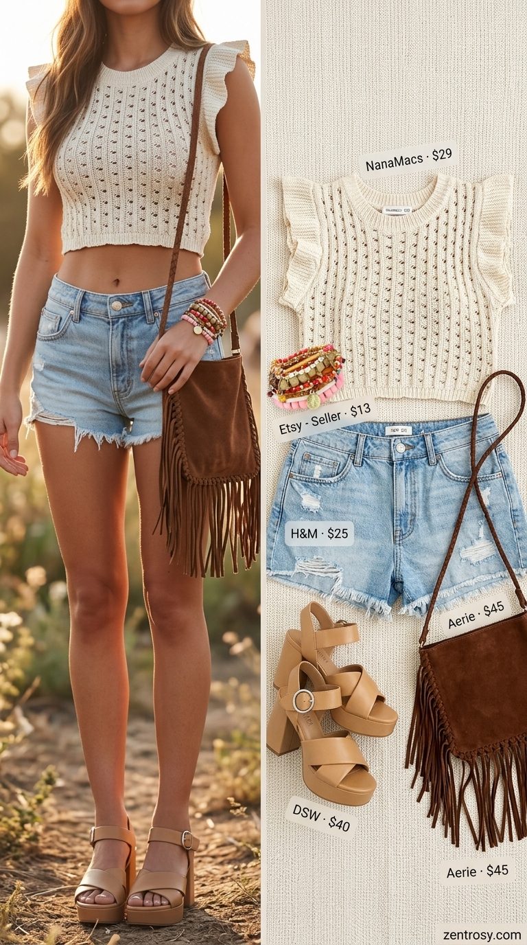 Light wash jean outfits summer for women 2026: Cream crochet top, light wash denim shorts, platform sandals, fringed bag.