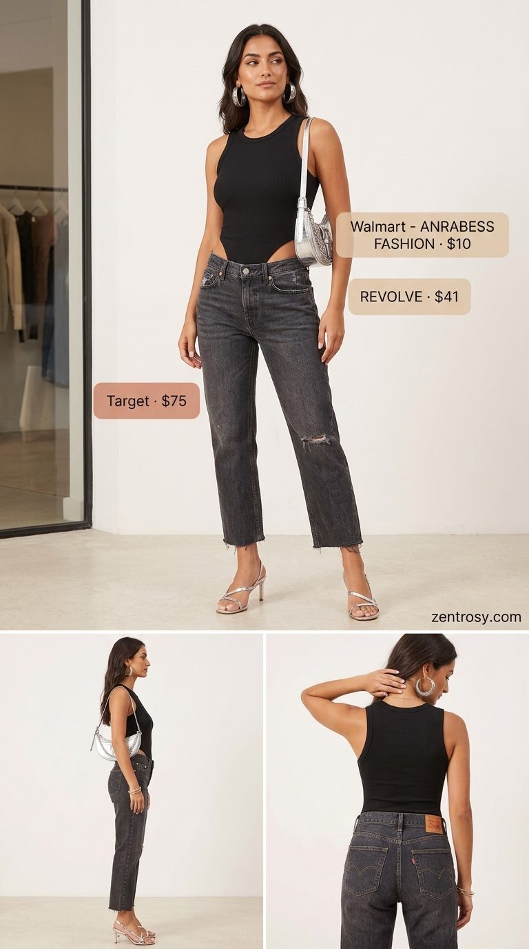 Light wash jean outfits summer for women 2026: Black bodysuit, light wash jeans, silver heeled sandals, silver bag.