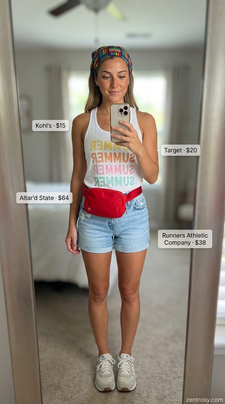 Light wash jean outfits summer for women 2026: Graphic tank, light wash denim shorts, retro sneakers, colorful bandana.