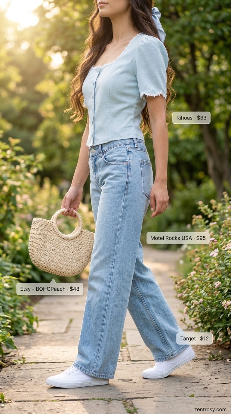 Light wash jean outfits summer for women 2026: Pastel blue puff sleeve blouse, light wash jeans, white sneakers, straw basket bag.