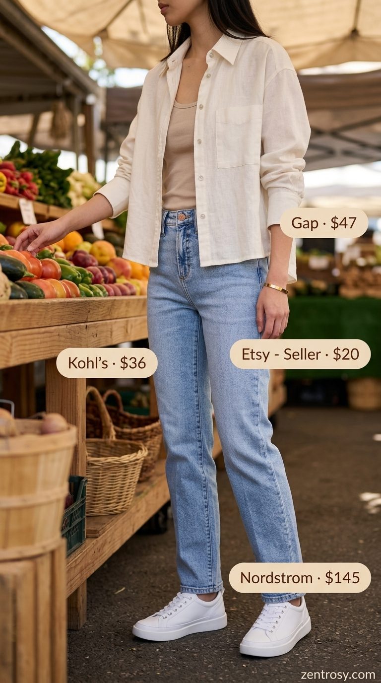 Light wash jean outfits summer for women 2026: Off-white oversized shirt, light wash straight-leg jeans, white sneakers, canvas tote.