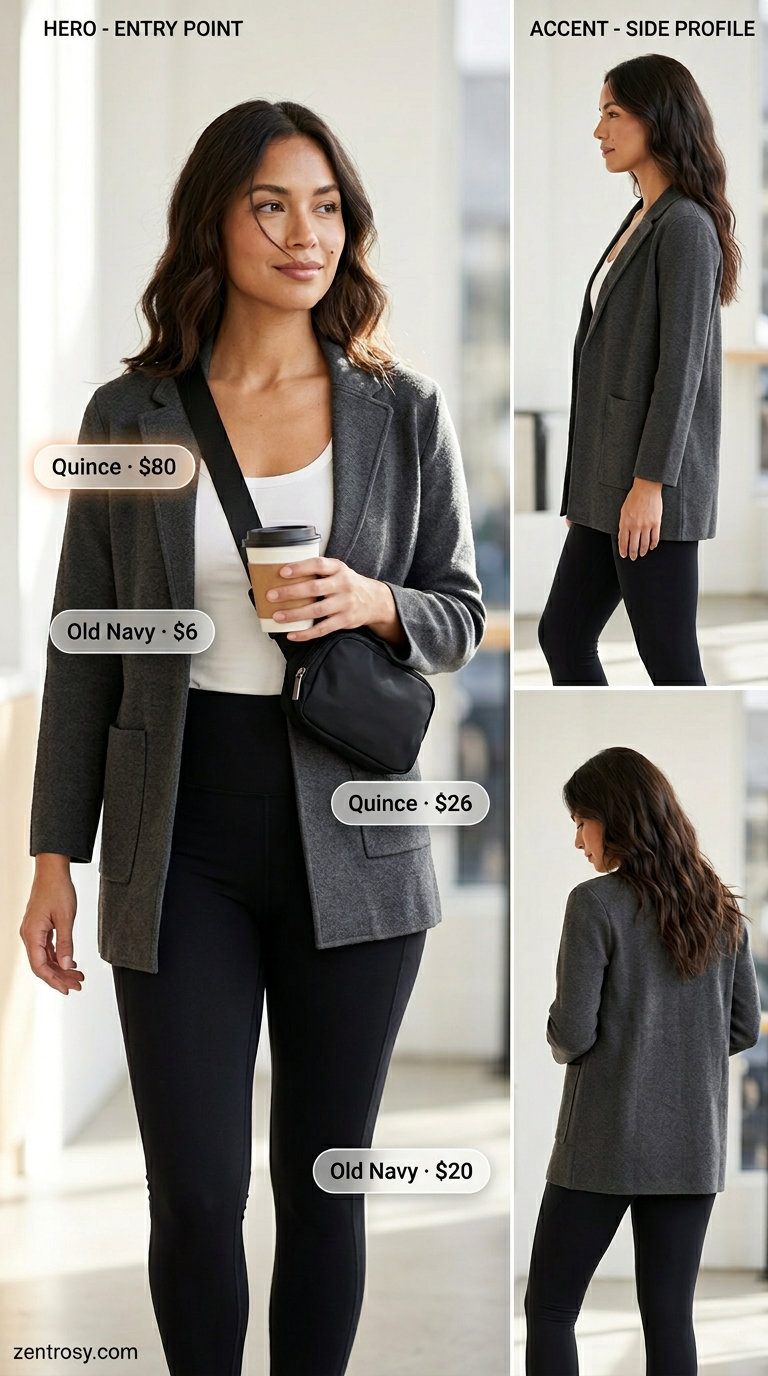 Athleisure Blazer Look 2026 Athleisure charcoal grey blazer outfit with leggings and sneakers. Lightweight summer blazer outfits for women 2026.